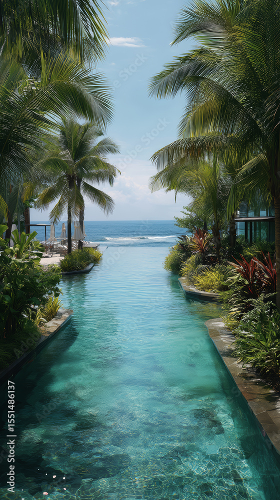 Fototapeta premium A serene tropical scene featuring a clear swimming pool surrounded by lush palm trees and vibrant plants, leading to a calm ocean in the background.