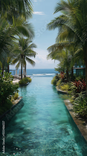 A serene tropical scene featuring a clear swimming pool surrounded by lush palm trees and vibrant plants, leading to a calm ocean in the background.