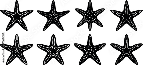 Collection of eight black starfish with different patterns isolated on white background
