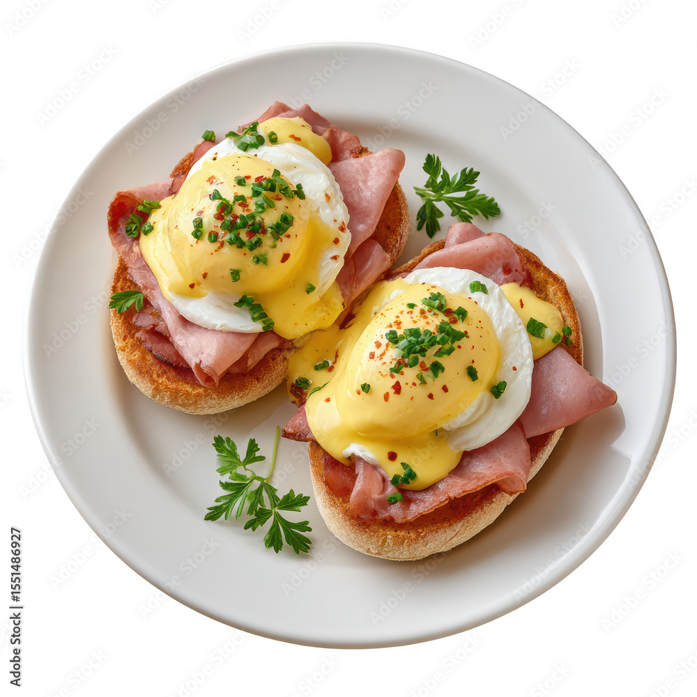 Delicious Egg Benedict with Poached Eggs, Ham, and Hollandaise Sauce Served on Toasted English Muffins Delicious Egg Benedict with Poached Eggs, Ham, and Hollandaise Sauce Served on Toasted English Muffins