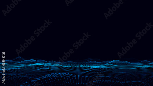 Futuristic technology wave. Digital cyberspace. Abstract wave with moving particles on a black background. Big data analytics.