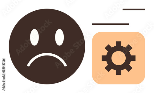 Brown sad face near a peach-colored gear icon symbolizes frustration, challenges, or process concerns. Ideal for problem analysis, troubleshooting, empathy, user feedback, processes, error notice