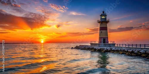 Fototapeta Naklejka Na Ścianę i Meble -  Sunset over the Adriatic Sea in Rimini with a historic lighthouse, italy, lighthouse