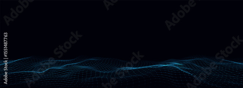 Abstract technology wave of particles. Big data visualization. Vector dark background with motion dots and lines. Artificial intelligence.