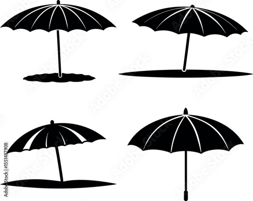 Vector art of collection of various beach umbrella silhouettes isolated on white background