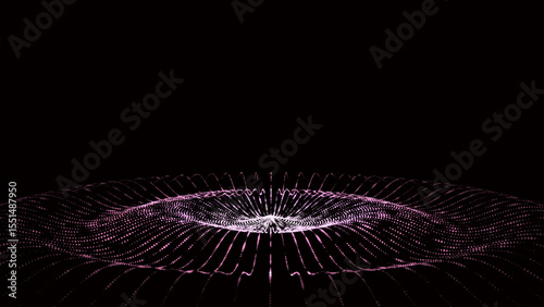 Futuristic circle wave. Vector dark cyberspace. Abstract music sound wave with dots. Purple moving particles on black background.