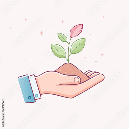 A hand in a suit cradles soil supporting a young plant with pink  green leaves on a soft pink background with pink stars