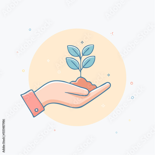 A hand holds a plant with soil in front of a light yellow circle
