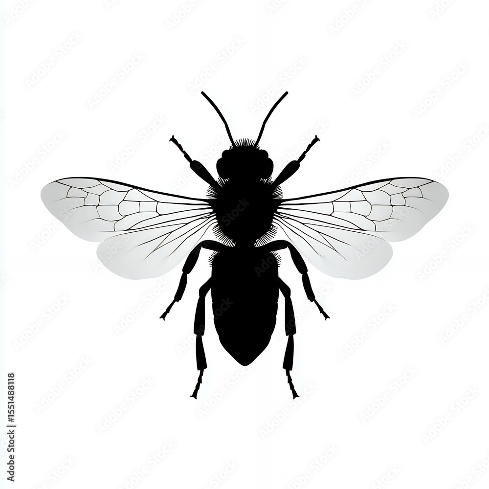 Fototapeta premium A black and white drawing of a bee. The bee is shown in profile, with its wings spread out