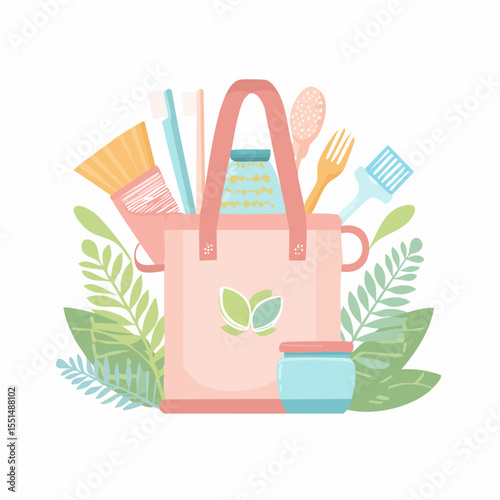 An illustration of a tote bag filled with various ecofriendly items surrounded by foliage