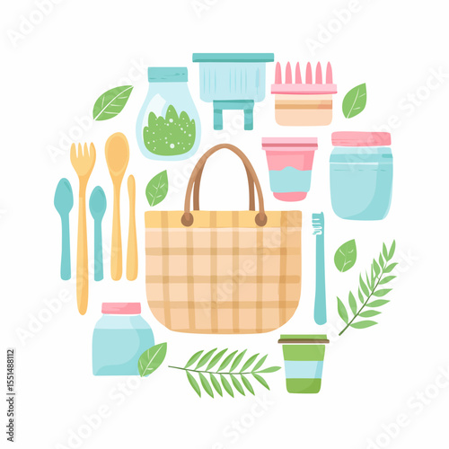 Assorted ecofriendly items arranged around a checkered tote bag