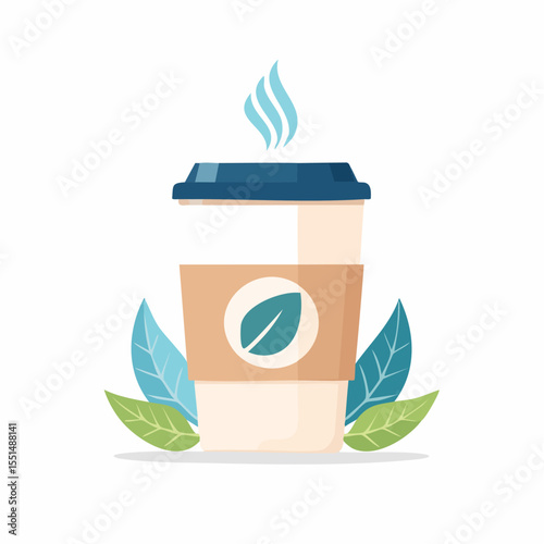 Coffee cup illustration with steam lid sleeve and leaves around