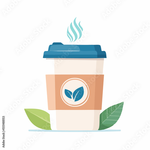 Beverage cup white cup orange sleeve leaves blue lid stylized vapor trails