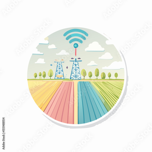 Colorful farmland with communication towers emits blue wifi signals under a cloudy sky