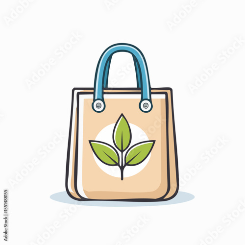 Beige tote bag features teal handles and a leafy green design against a white circle