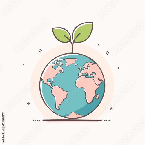 Earth globe with sprouting plant encircled by a soft peach aura