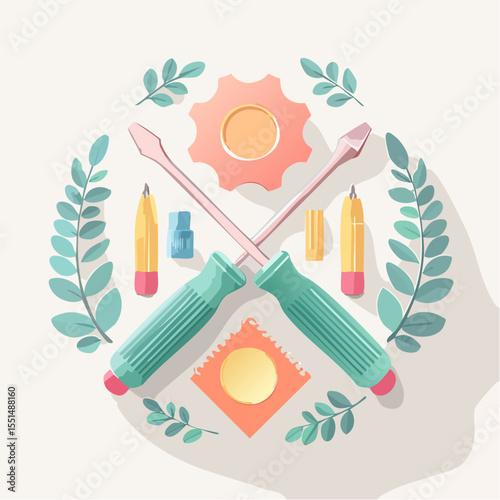 Crossed screwdrivers surrounded by leaves gear pencil and other tools form a symmetrical arrangement