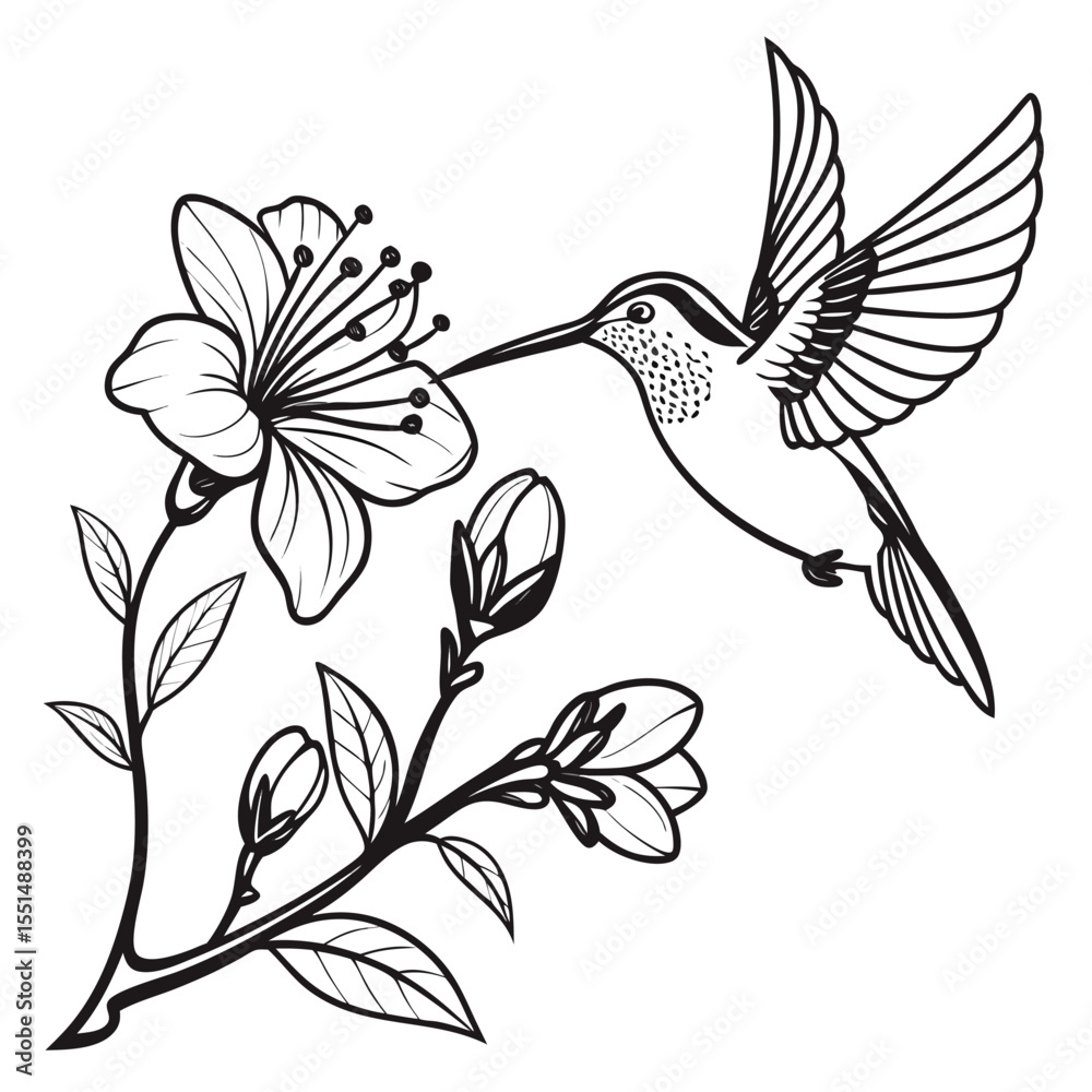 Obraz premium Hummingbird Feeding on Blossom Branch Line Art Illustration
