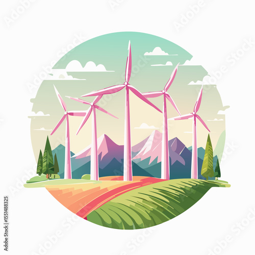 Wind turbines stand against mountains inside a circle in a rural scene
