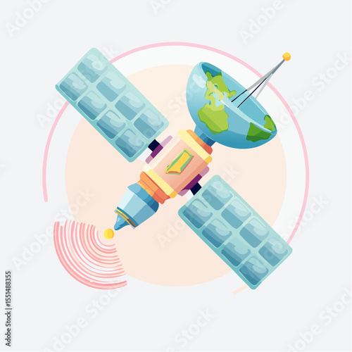 Satellite orbits solar panels  Earth globe dish