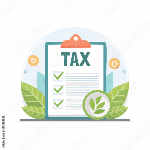 Tax form illustration with checkmarks leaves clipboard coins  foliage on a white backdrop