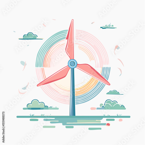 Wind turbine with pink blades centered in an abstract landscape with a rainbow backdrop and stylized clouds