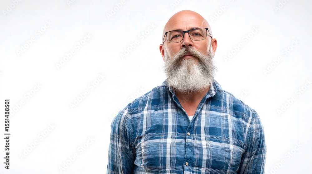 Obraz premium Confident Mature Man with Beard in Plaid Shirt Against White Background