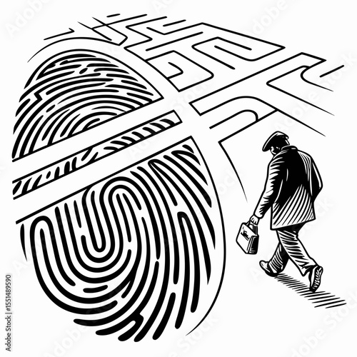 black and white, surreal, fingerprint maze, person walking through maze, abstract, geometric, digital art
