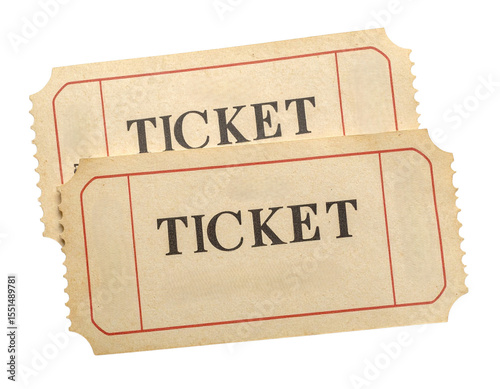 Two vintage beige paper tickets with red borders and the word 