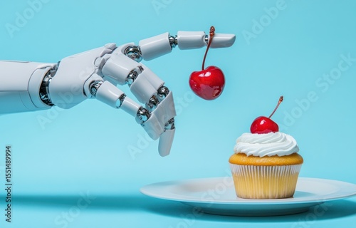 Robotic Arm Gently Offers Fresh Cherries Above a Delightful Cupcake