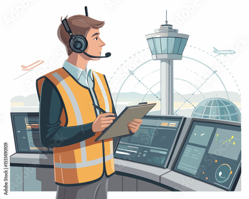 vector of an air traffic controller with headset, in front of radar screens, tower interior view, isolated on white
