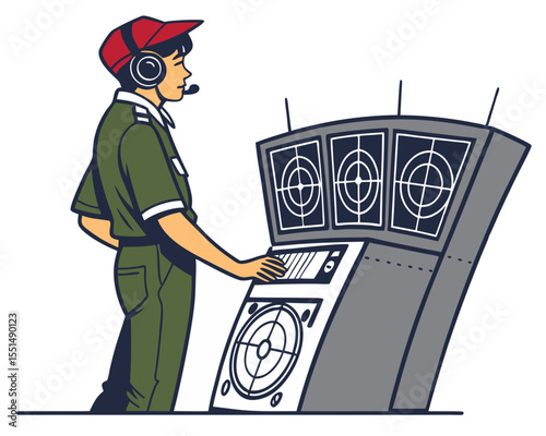 vector of an air traffic controller with headset, in front of radar screens, tower interior view, isolated on white
