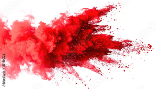 A vibrant red powder explosion captured mid-air with intricate swirling patterns and dynamic dispersion.