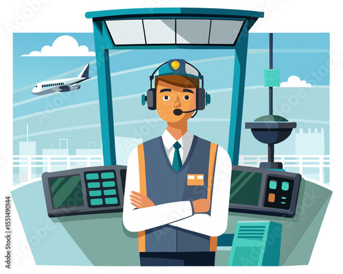 vector of an air traffic controller with headset, in front of radar screens, tower interior view, isolated on white
