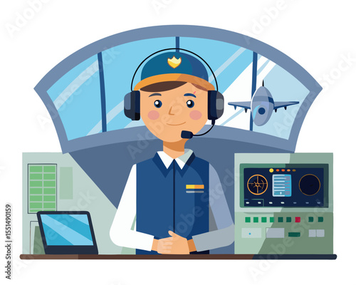 vector of an air traffic controller with headset, in front of radar screens, tower interior view, isolated on white
