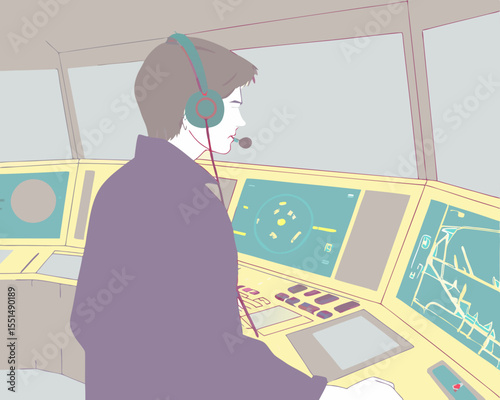 vector of an air traffic controller with headset, in front of radar screens, tower interior view, isolated on white
