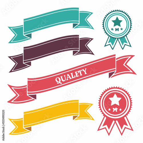 Vintage Ribbons and Quality Award Icons Set colorful