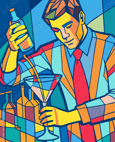 vector of a bartender shaking cocktail or pouring drink in glass, bottles in background, isolated on white
