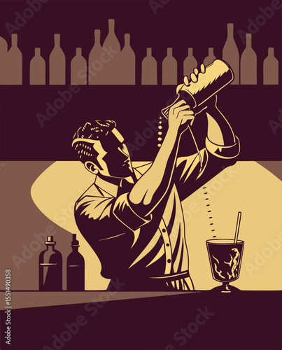 vector of a bartender shaking cocktail or pouring drink in glass, bottles in background, isolated on white
