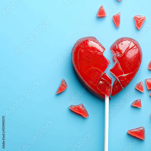 Broken Red Heart Shaped Lollipop with Candy Pieces on Light Blue Background