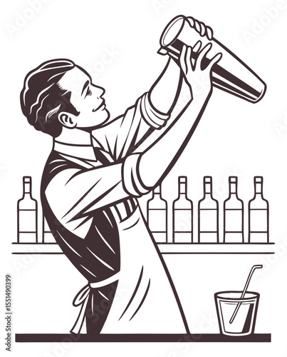 vector of a bartender shaking cocktail or pouring drink in glass, bottles in background, isolated on white
