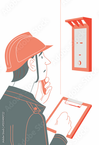 vector of a safety inspector checking building fire alarm with clipboard and helmet, white background
