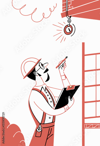 vector of a safety inspector checking building fire alarm with clipboard and helmet, white background
