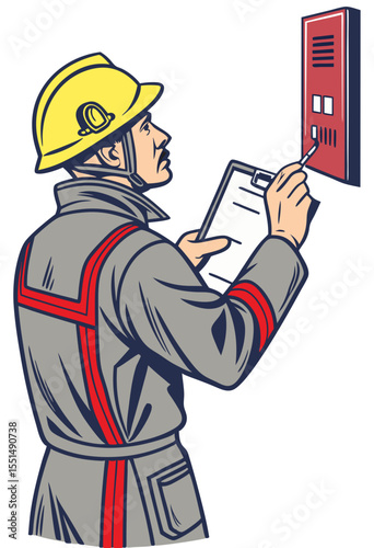 vector of a safety inspector checking building fire alarm with clipboard and helmet, white background

