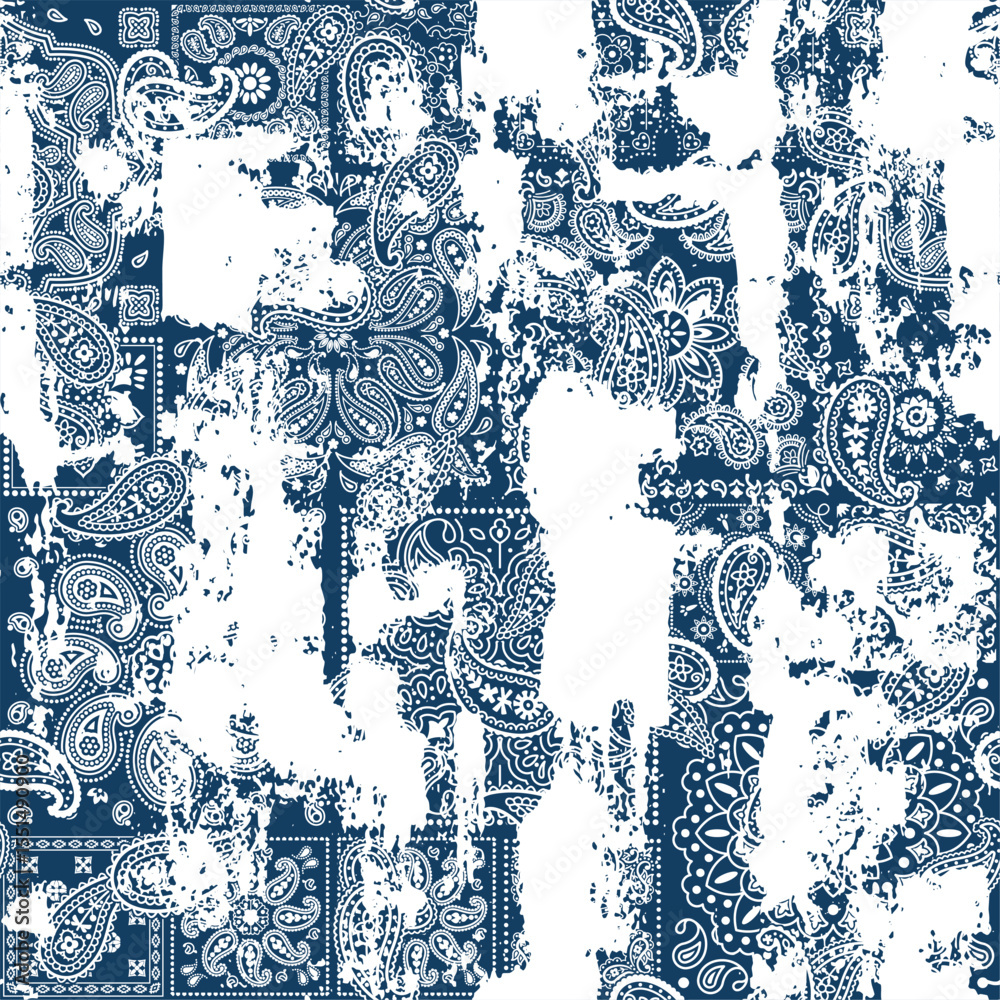 Blue bandana paisley fabric patchwork wallpaper abstract vector seamless pattern for scarf kerchief shirt fabric carpet rug tablecloth pillow grunge  effect in separate layer