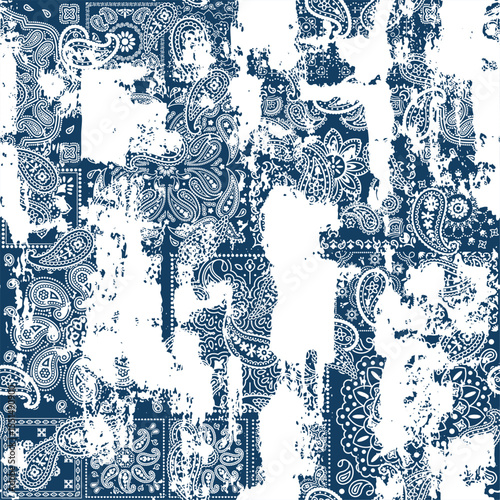 Blue bandana paisley fabric patchwork wallpaper abstract vector seamless pattern for scarf kerchief shirt fabric carpet rug tablecloth pillow grunge  effect in separate layer