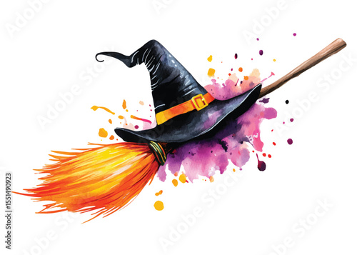 Halloween witch hat and broom hand drawn holiday vector illustration with watercolor splashes background