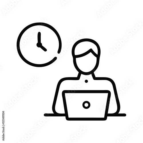 Time management productivity icon showing person working on laptop with clock for effective workflow design