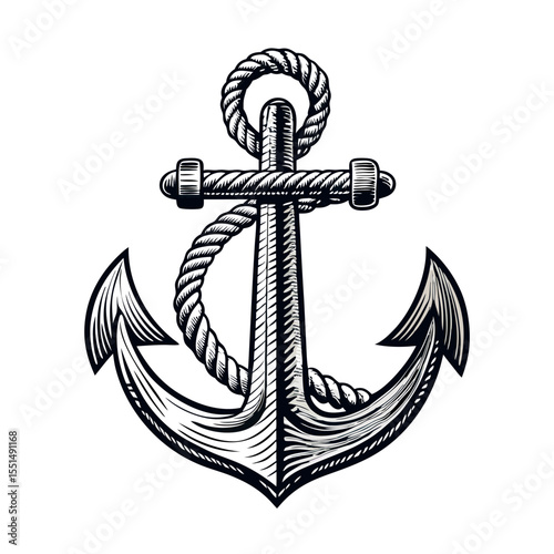 Hand-Drawn Sketch Style Line Art Vector of an Anchor with Rope on White Background