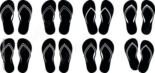 Black Flip-Flop Sandals; Summer Vacation Icon Set